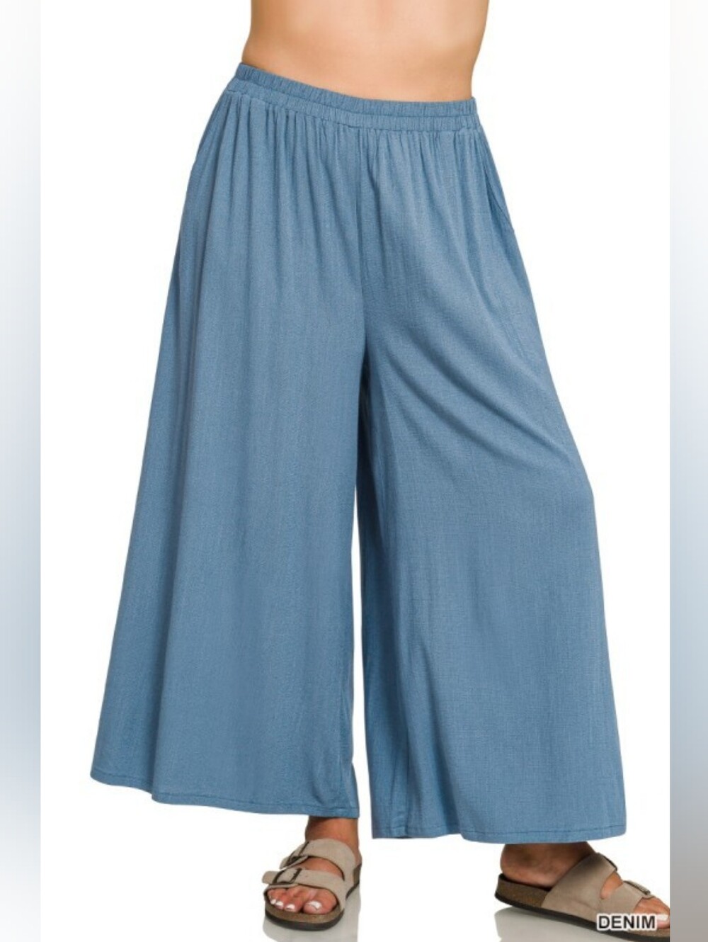 P9-0309 Zenana Wide-Leg Cropped Palazzo Pants Denim Blue
